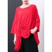 Handmade red cotton blouses for women Boho Irregular Design Pleated Solid Color T-Shirt