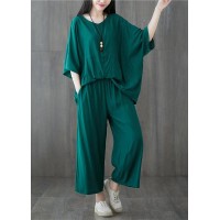 plus size green two pieces batwing sleeve tops and elastic waist pants