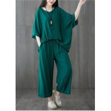 plus size green two pieces batwing sleeve tops and elastic waist pants