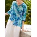 Women v neck half sleeve linen clothes For Women Shape blue prints shirt summer