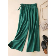 Loose Green Pockets drawstring Linen straight pants Summer