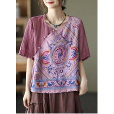 Style Pink Print Side Open tie Summer Linen Blouses Half Sleeve