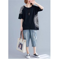 Elegant o neck half sleeve cotton Fabrics black print shirts summer