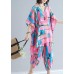 Summer new large size women's art pink print plus long T-shirt + cotton and linen seven points casual pants