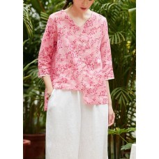 Unique v neck asymmetric linen tops women Shirts pink print blouses summer