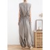 2021 lace-up waist light gray wide leg jumpsuit female summer cotton and linen jumpsuit