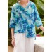 Women v neck half sleeve linen clothes For Women Shape blue prints shirt summer